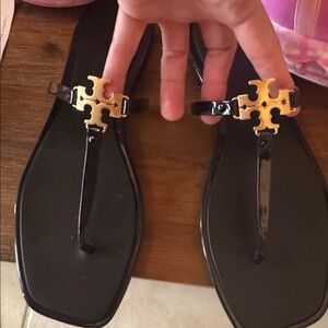 Tory Burch Black Sandals Roxanne Square Toe Thongs with Gold Accent NWOT